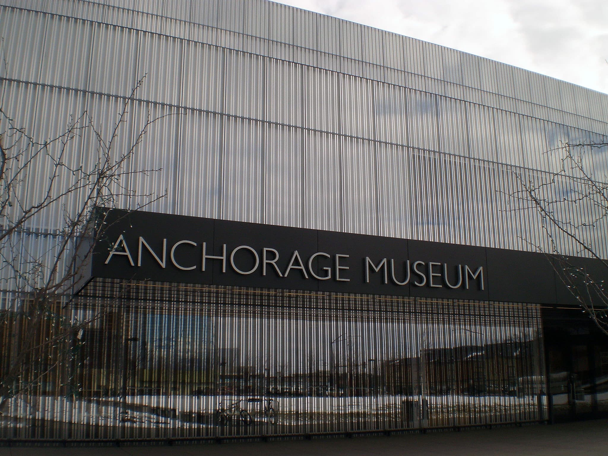 The facade of the Anchorage Museum in Anchorage, Alaska, as seen here in late March 2011, features approximately 5,900 m² of custom insulated fritted glass.
