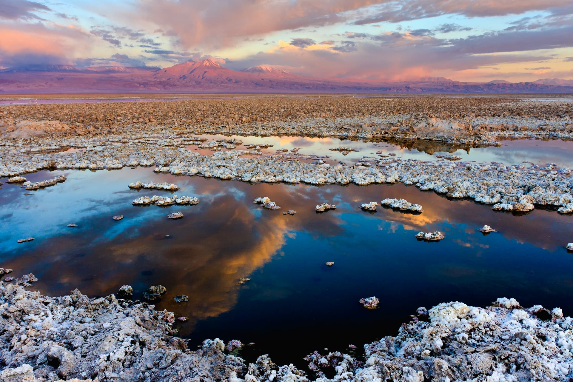 The Atacama Dry Lake in Chile stretches towards the horizon, where the Tumisa, Lejía, and Miñiques volcanoes stand.
