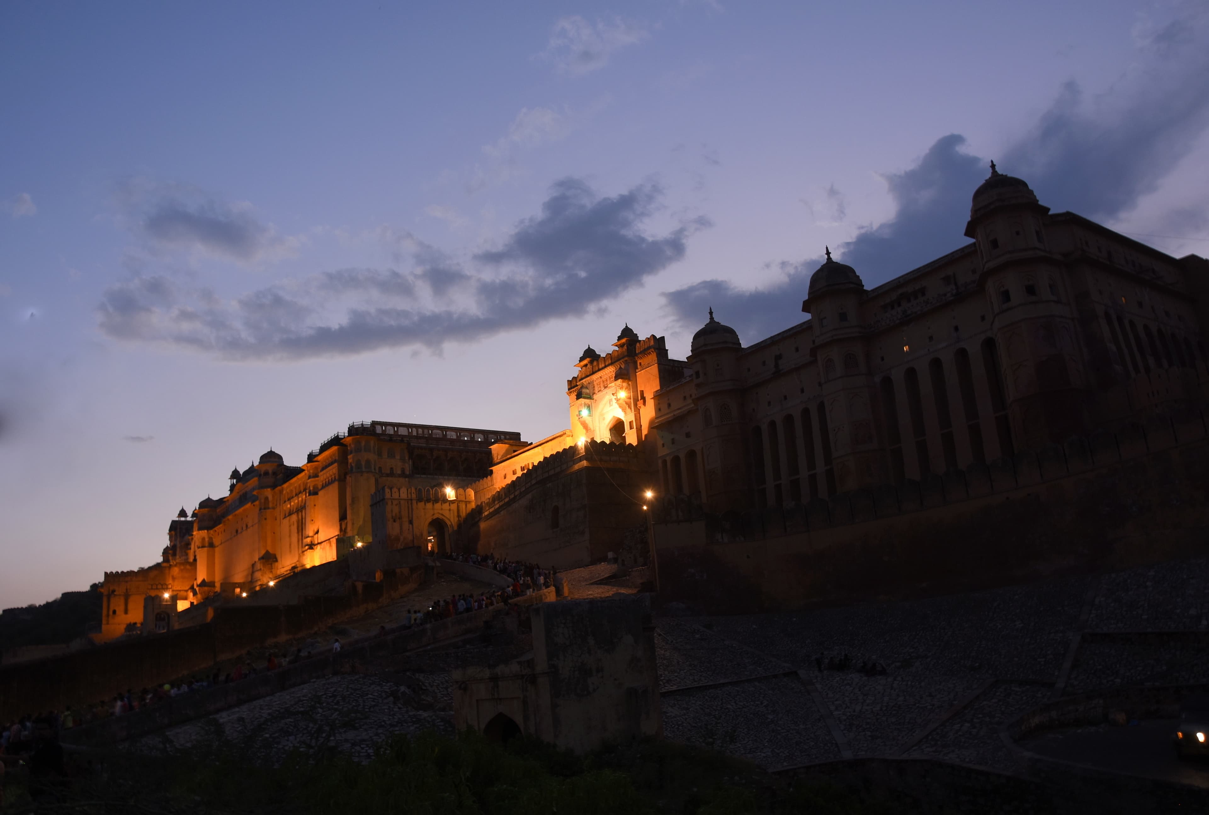 Amber Palace, Jaipur. I took this picture on a tripod, but it did not provide the angle typically needed for this type of shot. I managed to rotate the tripod and position my body in a way that allowed me to capture the exact angle I envisioned. It was a difficult shot, taking me half an hour to finally click the perfect photo among many attempts in low light conditions.