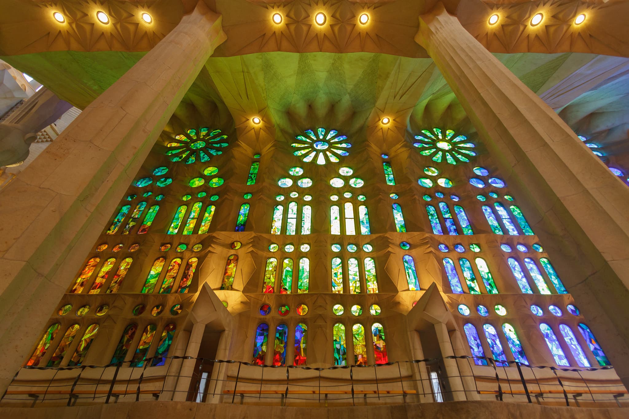 The stunning stained glass inside the nave of the Sagrada Familia in Barcelona.