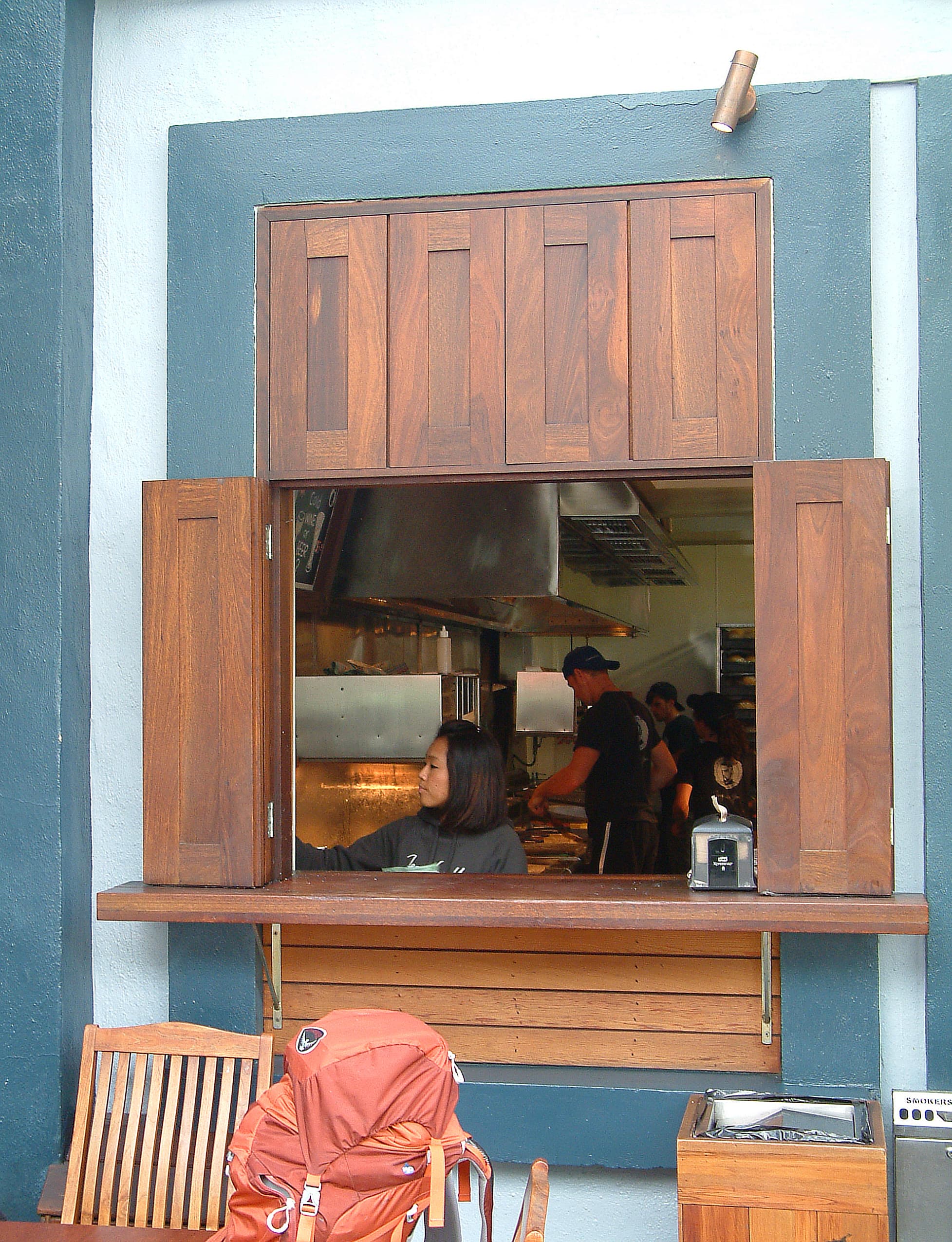 This is a view of the takeaway area leading to the kitchen of Fergburger in Queenstown, New Zealand.