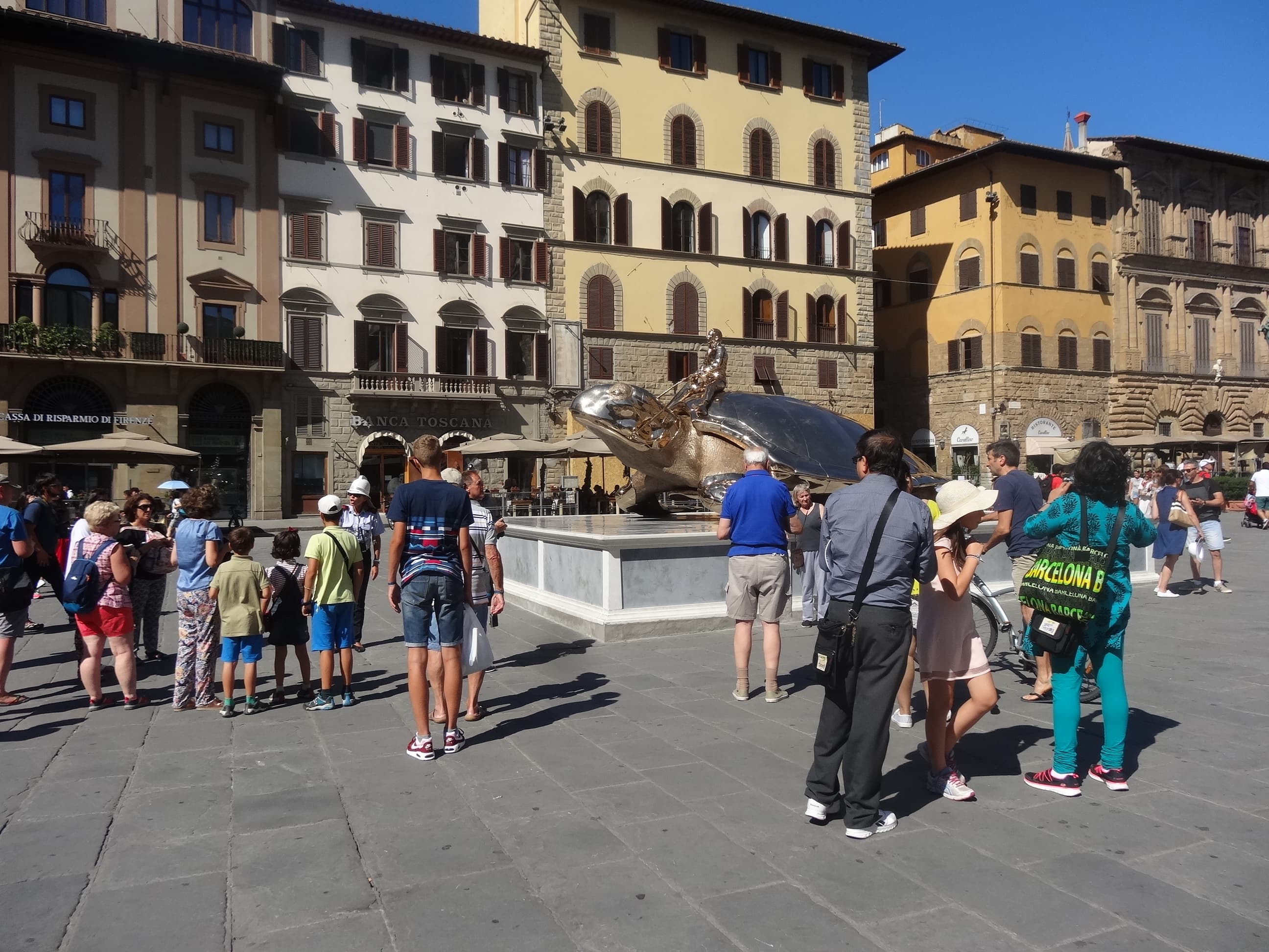 Piazza della Signoria in Florence features a giant turtle sculpture from the Jan Fabre exhibit.