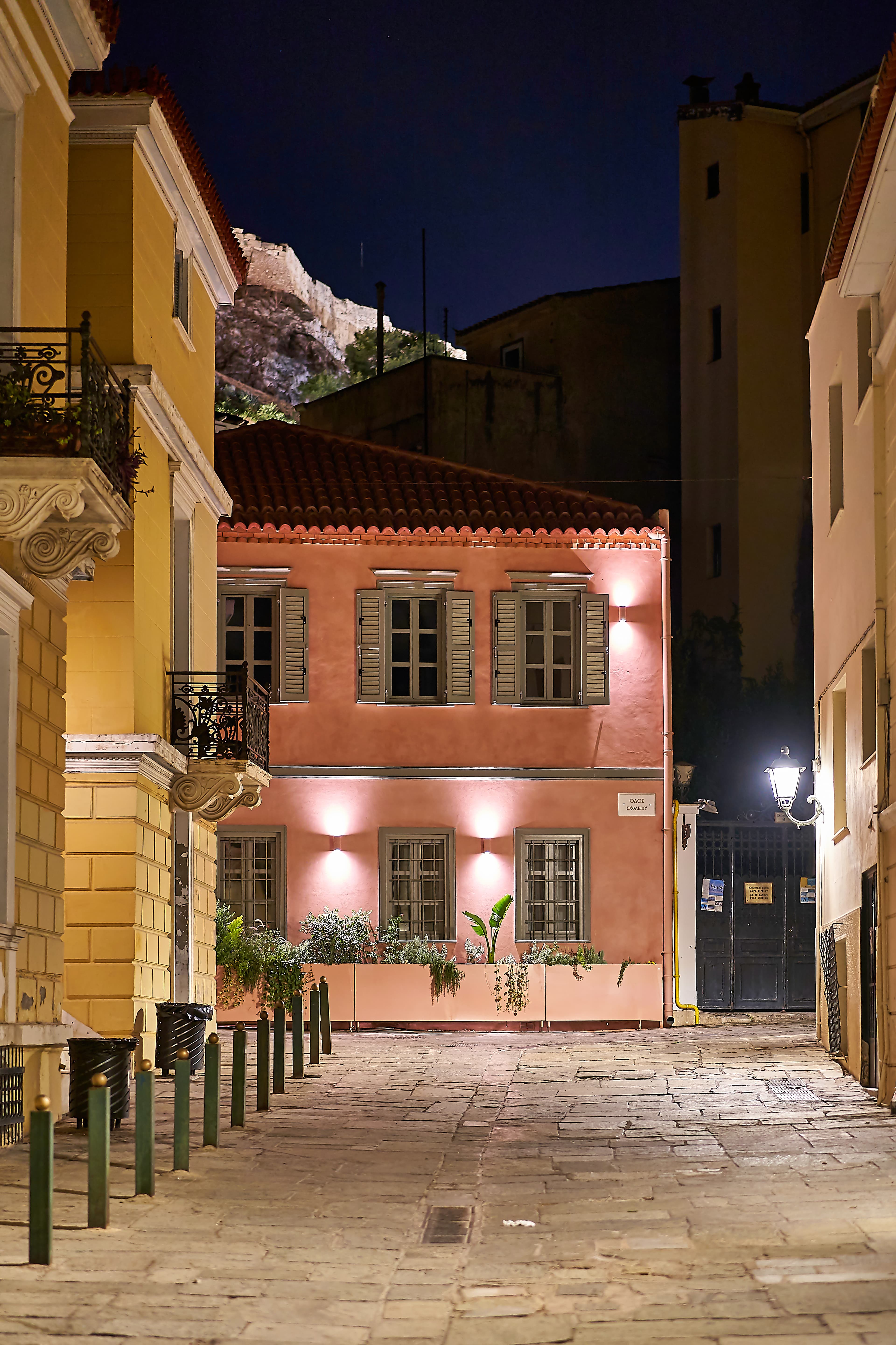 Hill Street in Plaka at night.