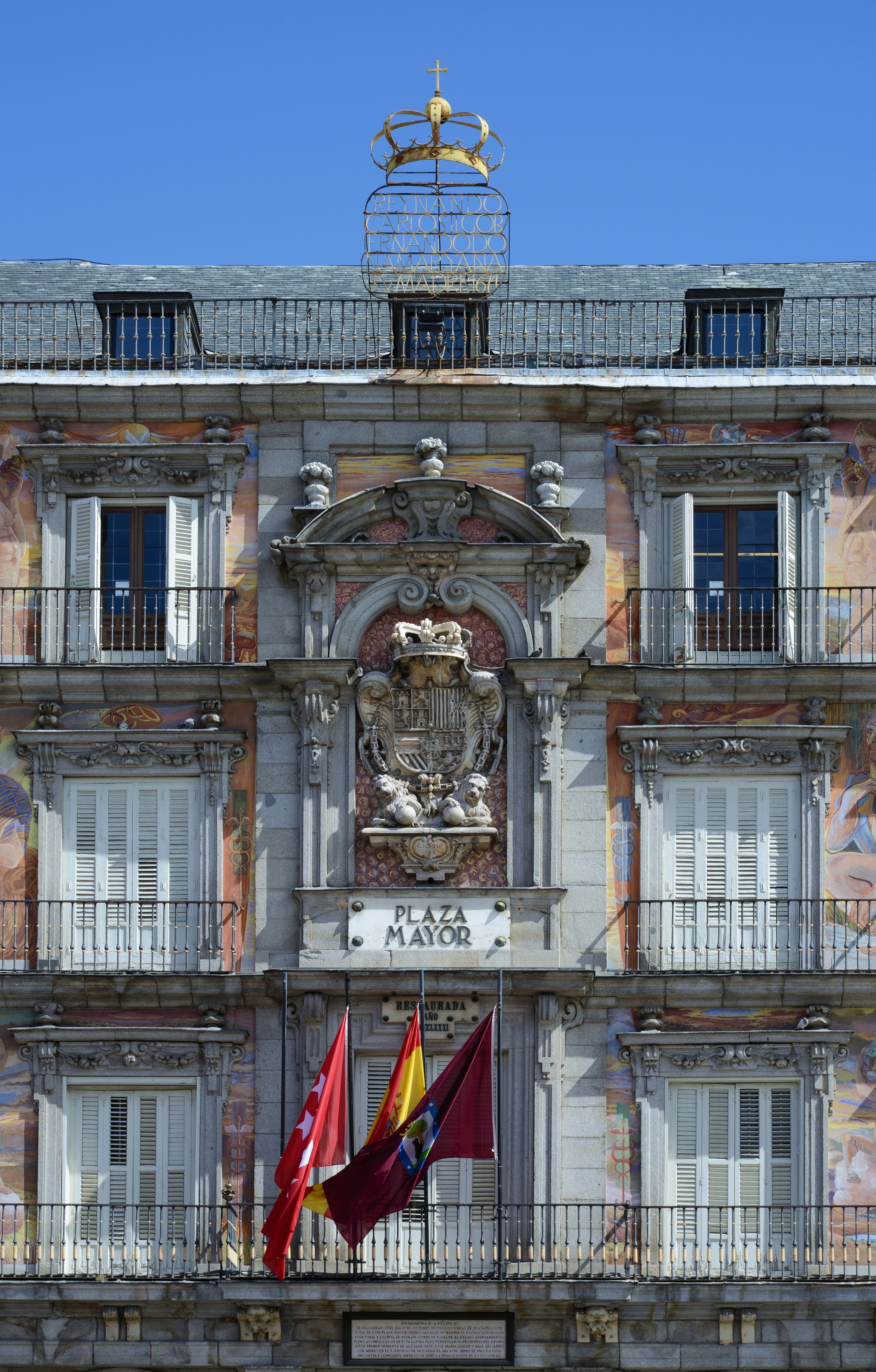 Detail of the main façade in Plaza Mayor, Madrid.