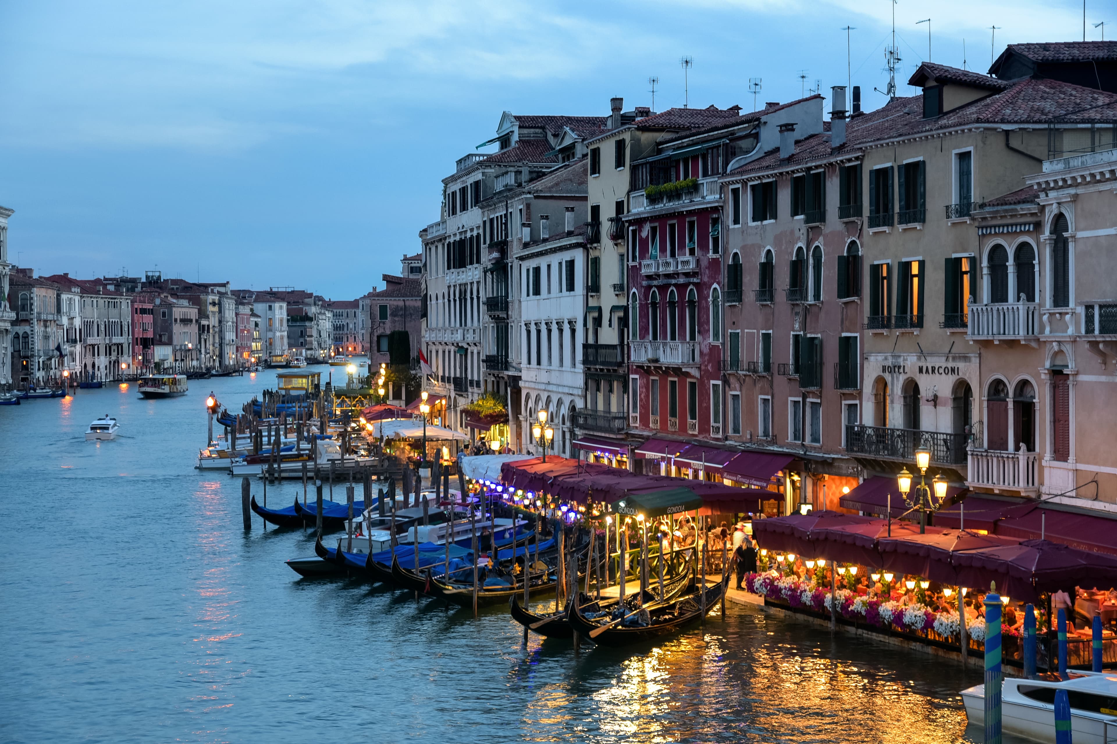 Venice, Italy: The Canal Grande in the evening, viewed from the Ponte di Rialto, looking southwest and emphasizing the Riva del Vin (on the right).