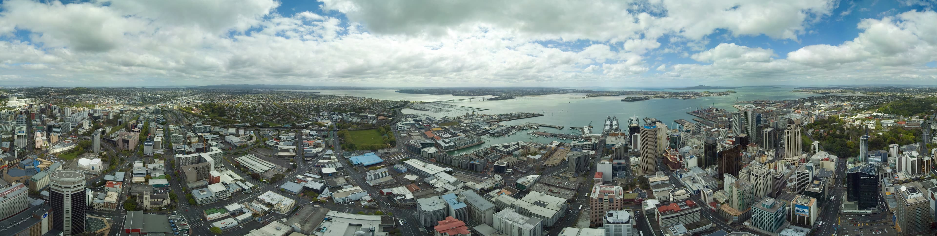 360-degree panorama approximately 90 degrees wide from the Sky Deck of the Sky Tower in Auckland, New Zealand. Stitched from 34 images using PTGui and SmartBlend.