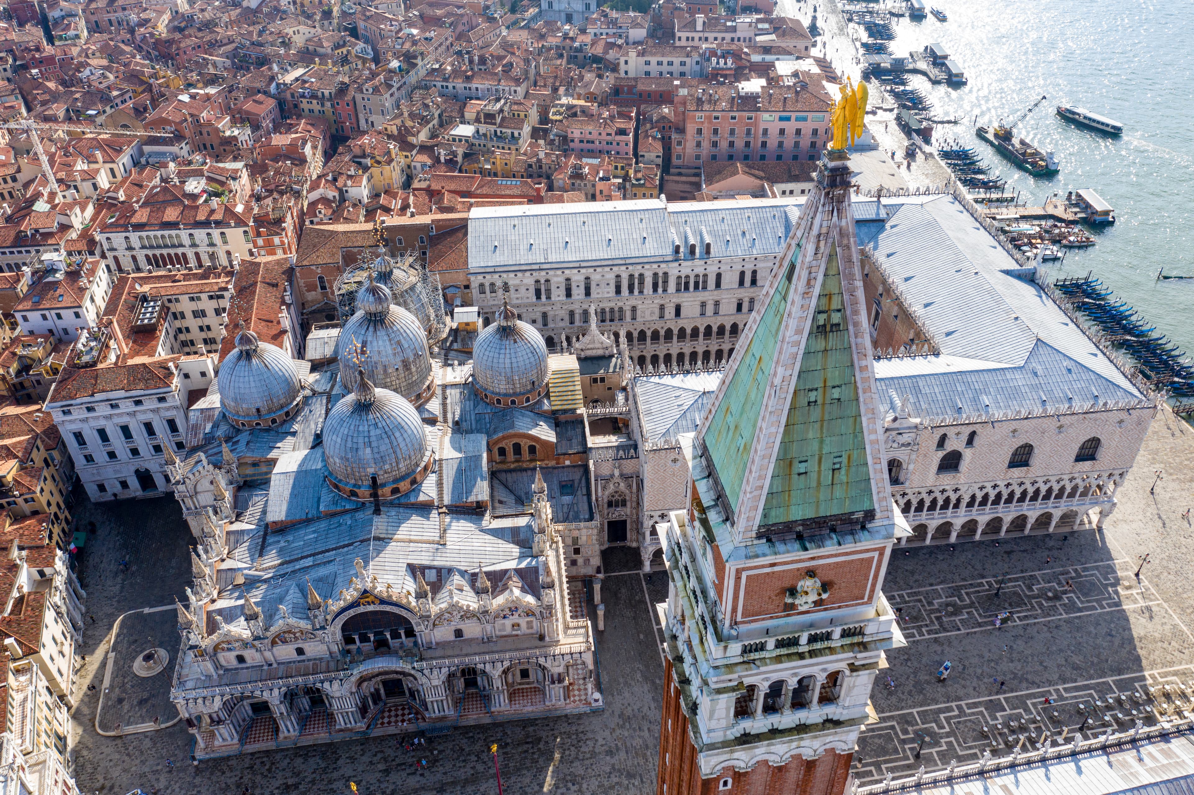 View over St. Mark's Square, with the Campanile in the foreground, August 2020.